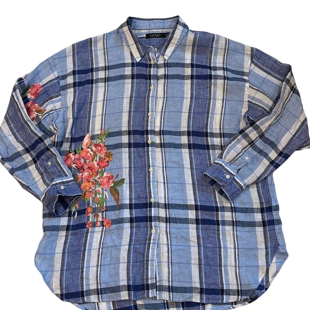 Lauren Ralph Lauren Shirt Womens 2XL Blue 100% Linen Top Button Up Long Sleeve